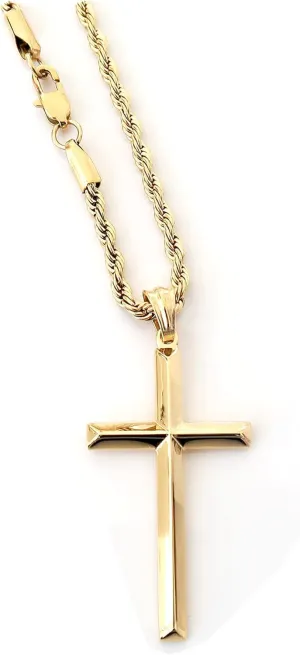 18K Gold Rope Chain Style Cross Pendant Necklace 3MM Cross Necklace Clasp for MEN, HUSBAND Thin for Charms Miami Cuban Link Diamond Cut Religious Beveled Edge