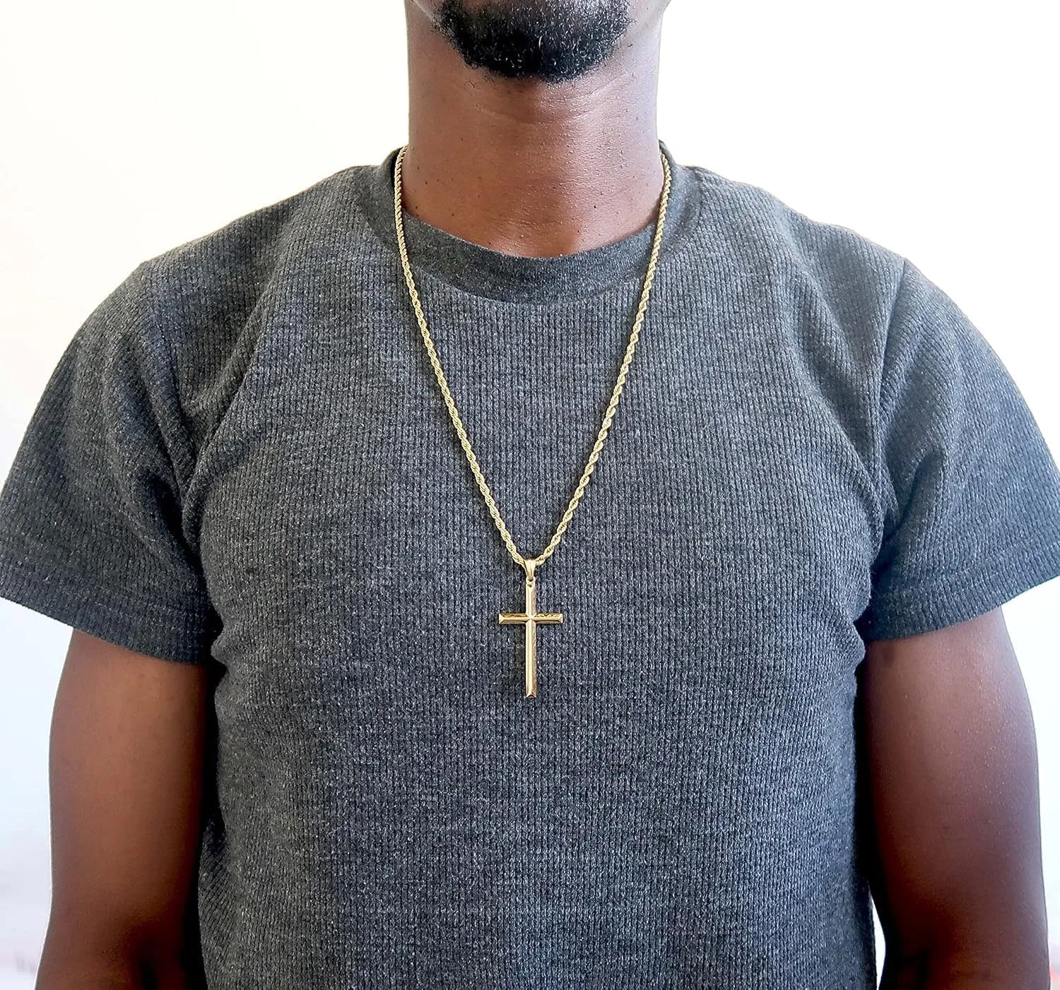 18K Gold Rope Chain Style Cross Pendant Necklace 3MM Cross Necklace Clasp for MEN, HUSBAND Thin for Charms Miami Cuban Link Diamond Cut Religious Beveled Edge