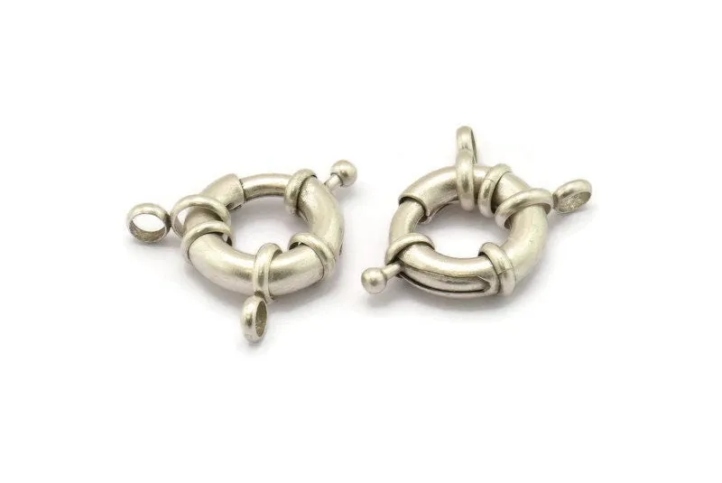 19mm Spring Ring Clasps, 2 Antique Silver Plated Brass Round Spring Ring Clasps with 2 Loops (19mm) BS 2362
