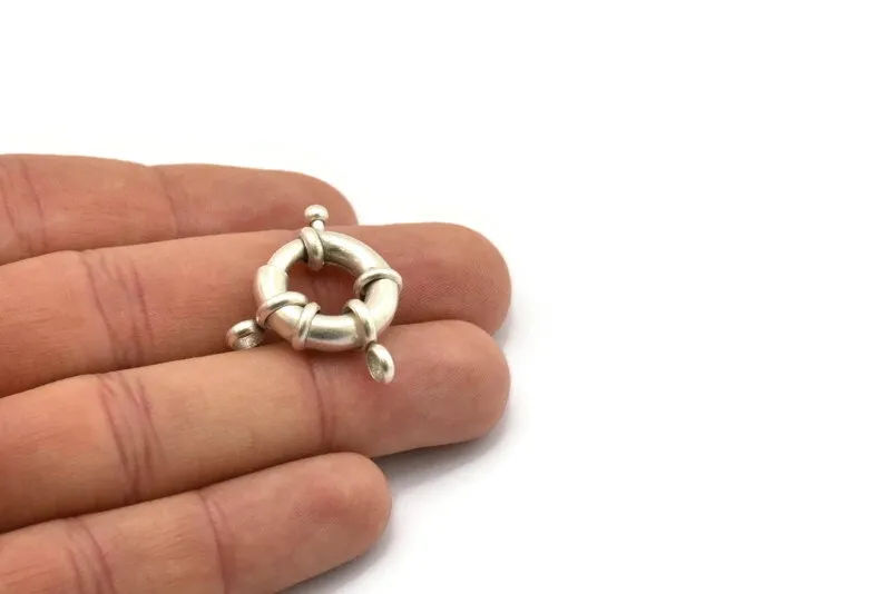 19mm Spring Ring Clasps, 2 Antique Silver Plated Brass Round Spring Ring Clasps with 2 Loops (19mm) BS 2362