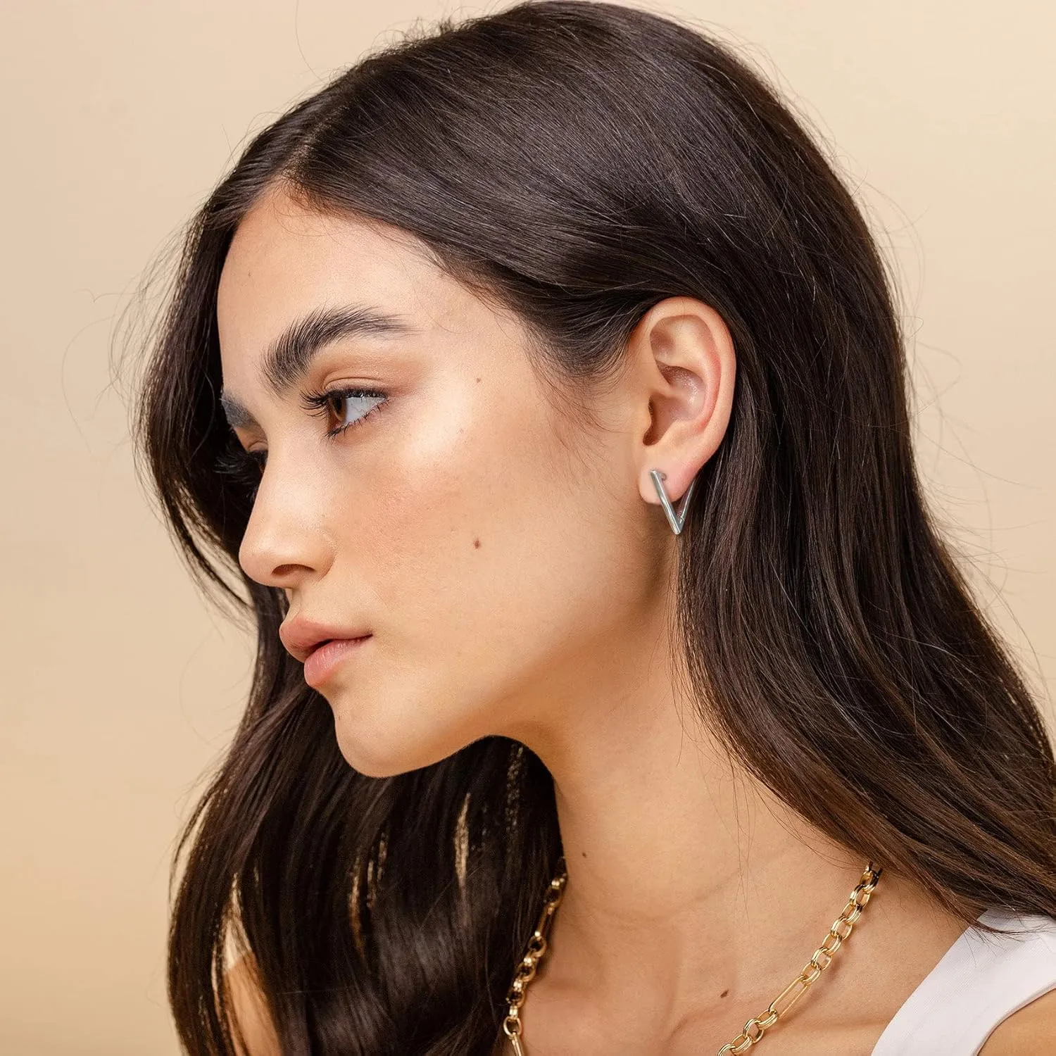 2 Pairs 14K Gold Plated Minimalist Geometric Triangle Huggies Hoop Earrings, V Shaped Hoop Earrings for Women Gift 1.3cm/1.8cm, gold and silver