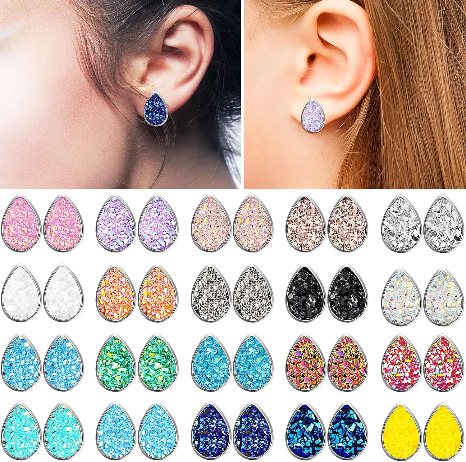20 Pairs Druzy Stud Earrings Set Stainless Steel Earrings Pierced Earrings Jewelry for Women