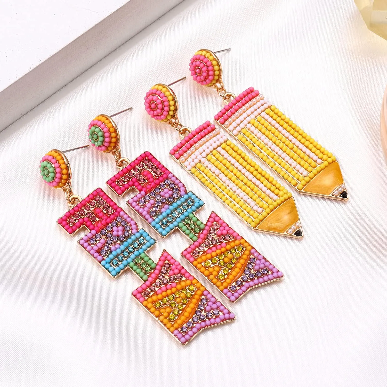 2/3 Pairs Pencil Earrings - Rhinestone Beaded Dangle Drop Earrings for Women - Colorful Teacher Appreciation Gift Set