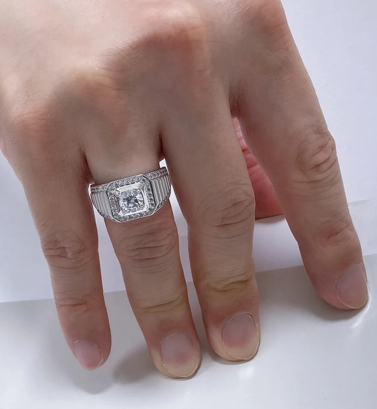 2CTW Clear CZ Halo Square Princess Cut Men's Stainless Steel Engagement Ring