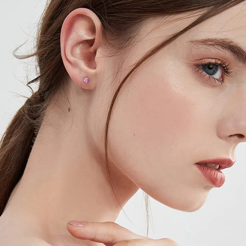 2mm Opal Stud Earrings Sterling Silver 925 Colorful Stone Tiny Ball Cartilage Earrings Tragus Studs Piercing Barbell Mini Small Earrings Dainty Jewelry for Women Girls Sensitive Ears