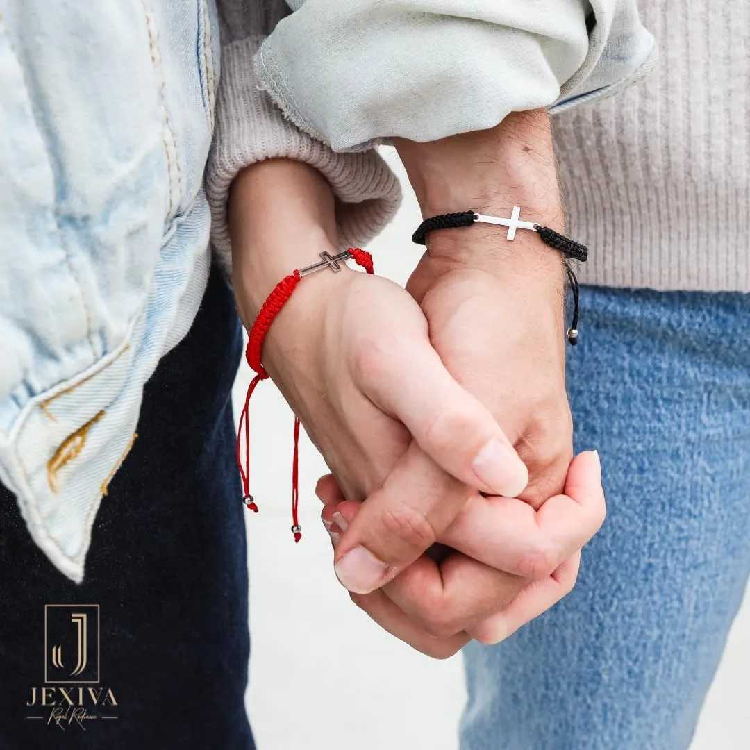 2Pcs Adjustable Couples Bracelet - Christian Cross - Stainless Steel - Strong Woven Rope - Couples, Family & Friendship Bracelet for Men & Women Gift