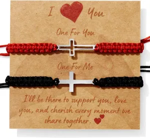 2Pcs Adjustable Couples Bracelet - Christian Cross - Stainless Steel - Strong Woven Rope - Couples, Family & Friendship Bracelet for Men & Women Gift
