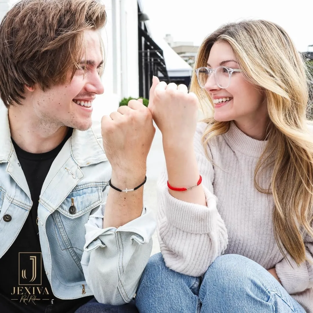 2Pcs Adjustable Couples Bracelet - Christian Cross - Stainless Steel - Strong Woven Rope - Couples, Family & Friendship Bracelet for Men & Women Gift