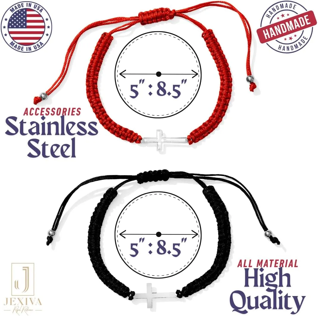 2Pcs Adjustable Couples Bracelet - Christian Cross - Stainless Steel - Strong Woven Rope - Couples, Family & Friendship Bracelet for Men & Women Gift