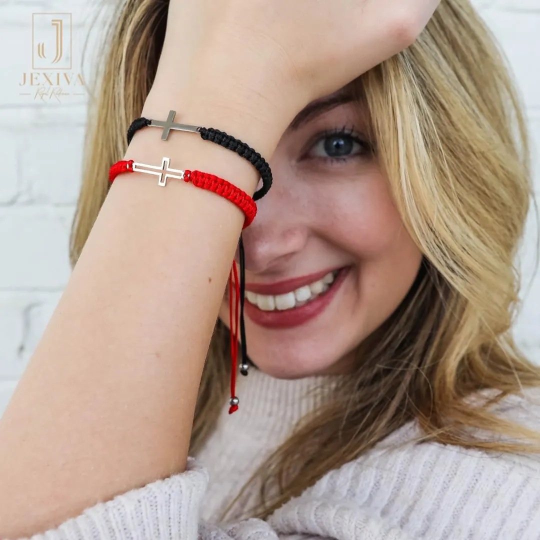 2Pcs Adjustable Couples Bracelet - Christian Cross - Stainless Steel - Strong Woven Rope - Couples, Family & Friendship Bracelet for Men & Women Gift