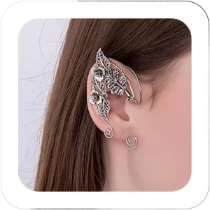 2pcs Gothic Elf Ear Cuff Earring Non-Piercing Handmade Elven Fairy Climber Wrap Around Earrings Solid Rose Hollow Leaf Cuff Clip-on Fake Earrings Jewelry for Cosplay Costume Wedding (Retro)