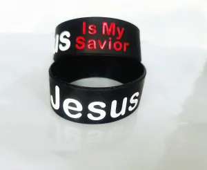 2Pcs Mens Womens Christian Silicone Wristband Jesus is My Savior Rubber Cuff Bracelets Religious God Blessed Jewelry for Birthday Baptism Black