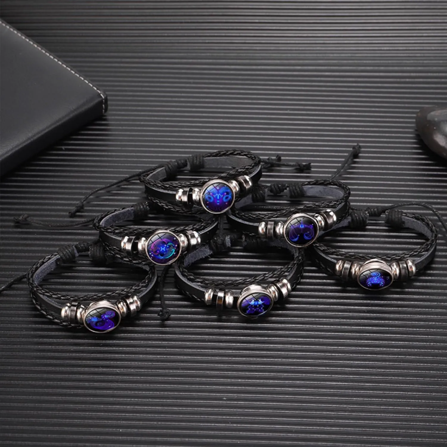 2Pcs Multilayer Constellation Zodiac Leather Bracelet Vintage Black Leather Bracelet Adjustable Handmade Woven Bracelet Birthday Trendy Jewelry for Women Men