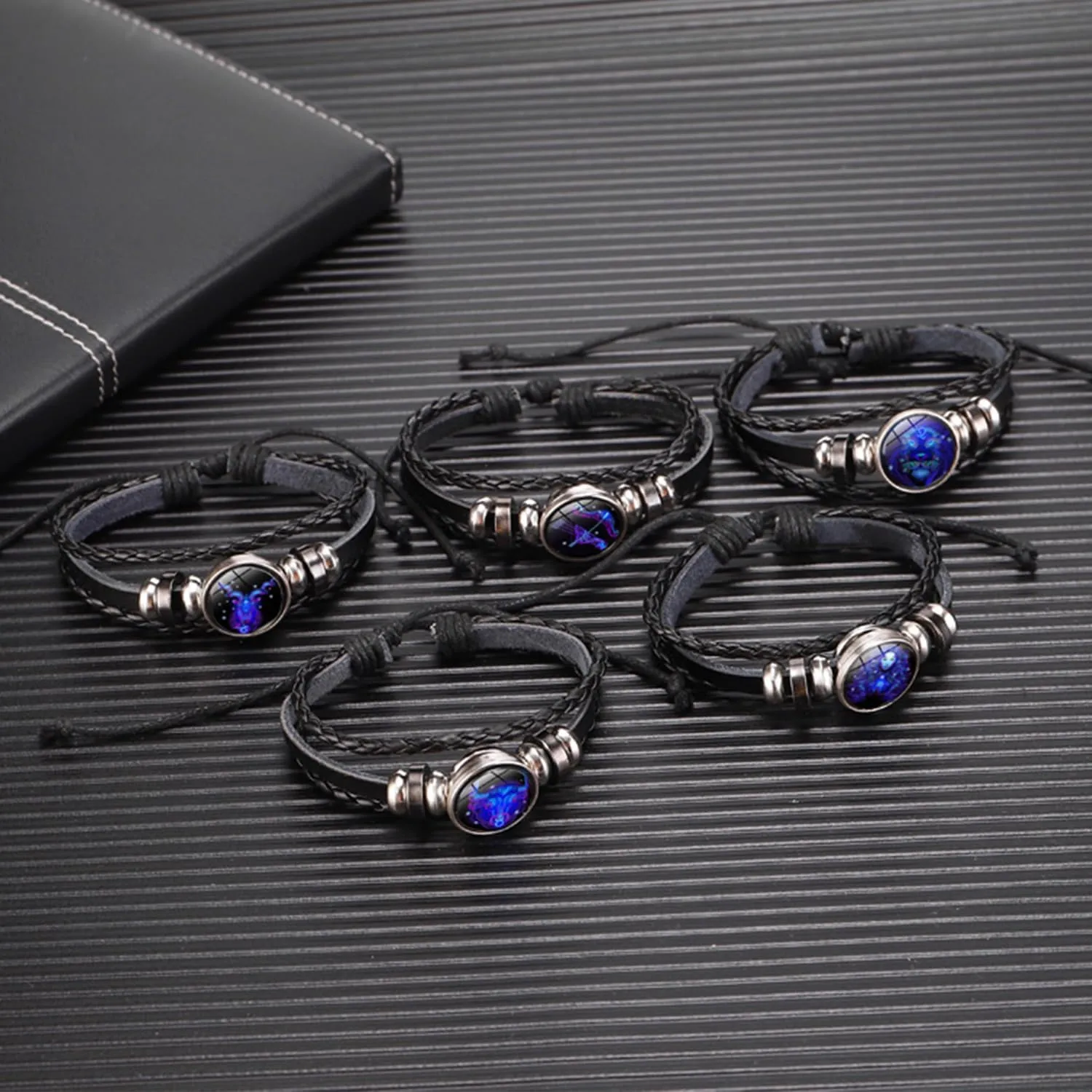 2Pcs Multilayer Constellation Zodiac Leather Bracelet Vintage Black Leather Bracelet Adjustable Handmade Woven Bracelet Birthday Trendy Jewelry for Women Men