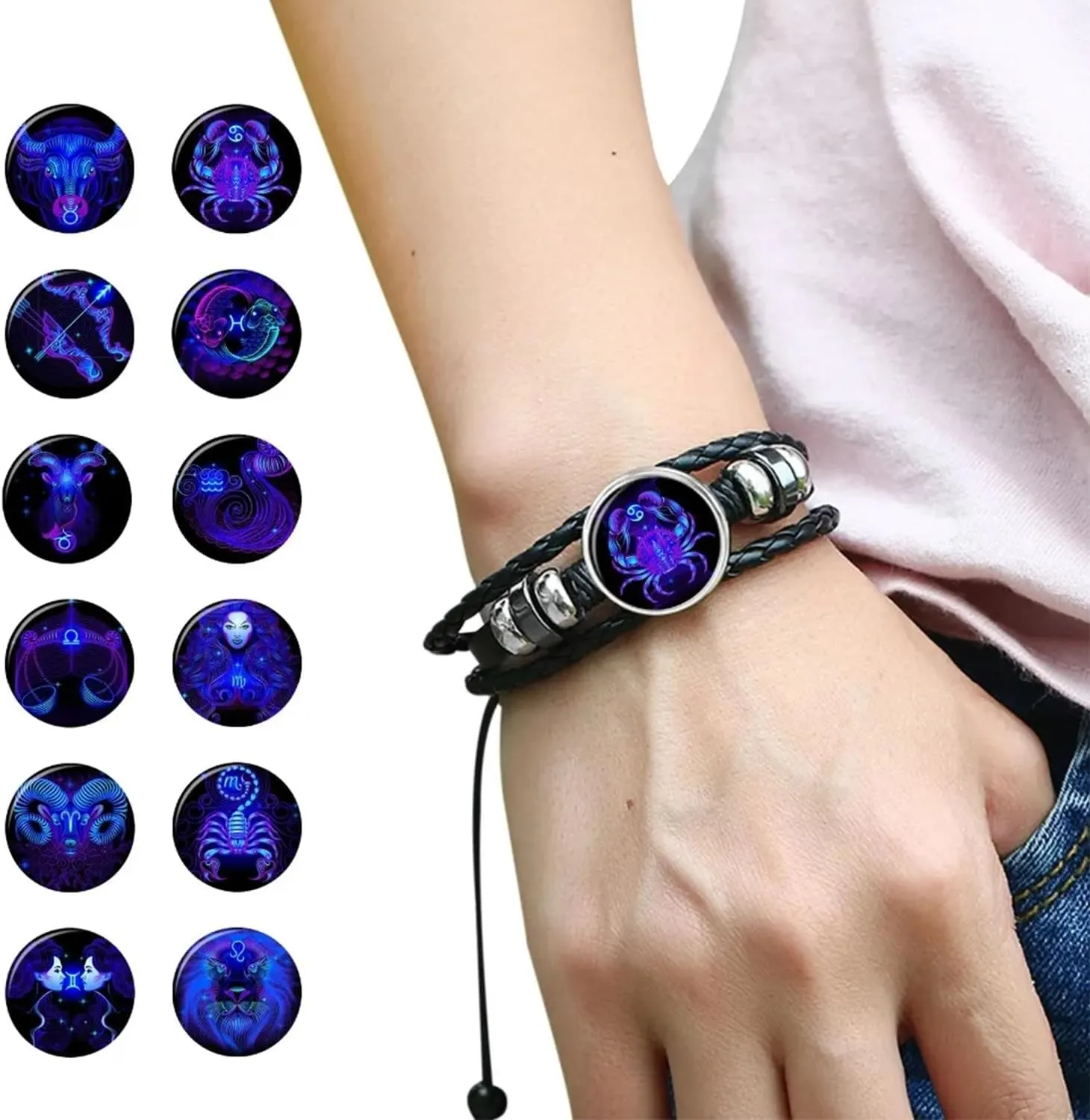 2Pcs Multilayer Constellation Zodiac Leather Bracelet Vintage Black Leather Bracelet Adjustable Handmade Woven Bracelet Birthday Trendy Jewelry for Women Men
