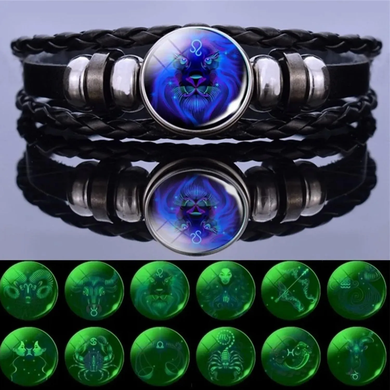 2Pcs Multilayer Constellation Zodiac Leather Bracelet Vintage Black Leather Bracelet Adjustable Handmade Woven Bracelet Birthday Trendy Jewelry for Women Men