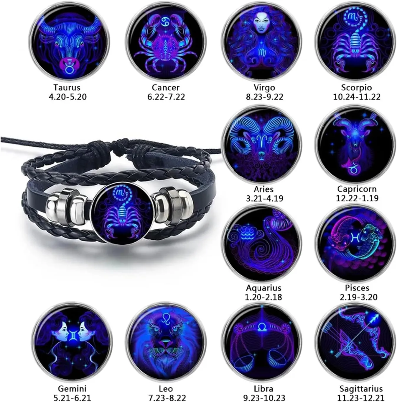 2Pcs Multilayer Constellation Zodiac Leather Bracelet Vintage Black Leather Bracelet Adjustable Handmade Woven Bracelet Birthday Trendy Jewelry for Women Men