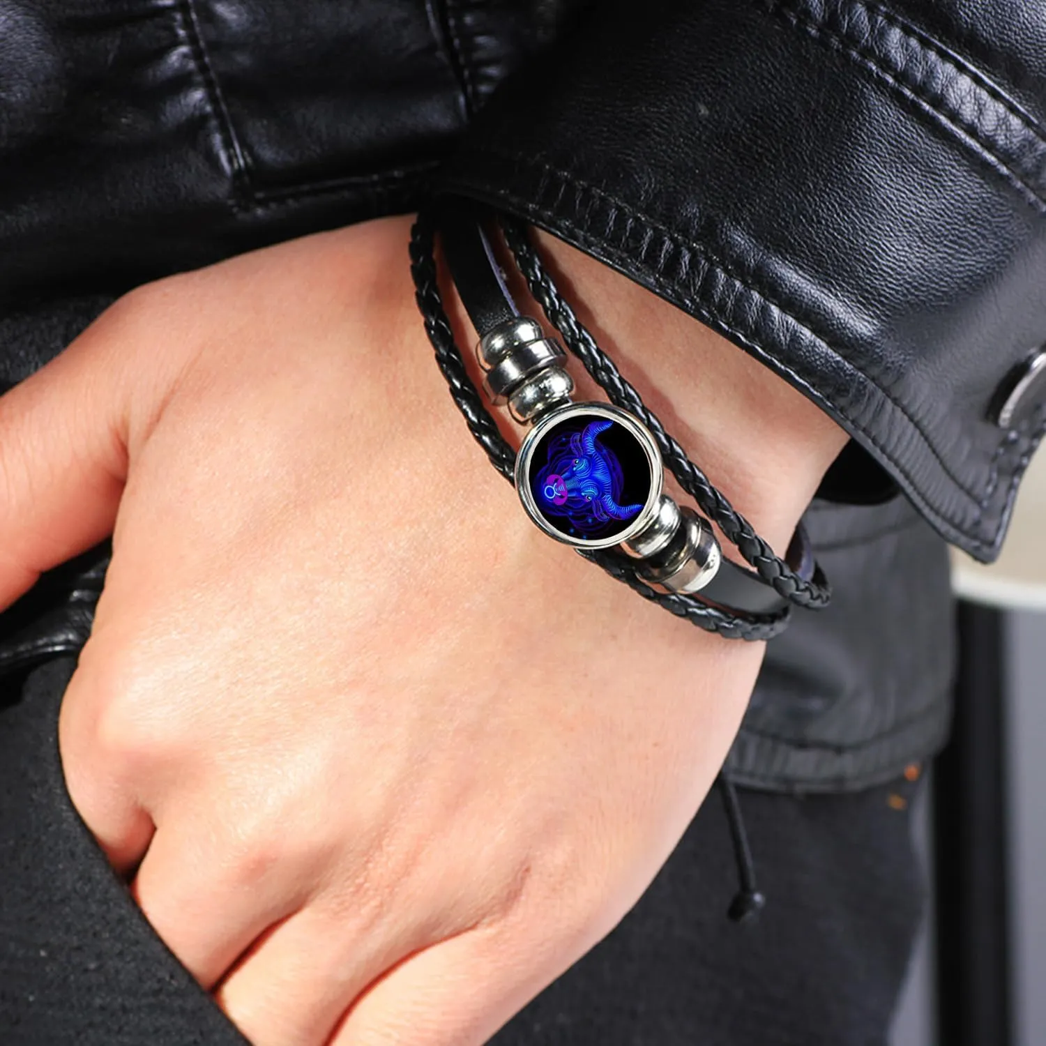 2Pcs Multilayer Constellation Zodiac Leather Bracelet Vintage Black Leather Bracelet Adjustable Handmade Woven Bracelet Birthday Trendy Jewelry for Women Men