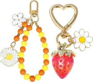 2Pcs Strawberry Keychain Charm Cute Daisy Flower Keychain Strawberry Bag Purse Charms Kawaii Car Keychains Decor Strawberry Accessories for Women Girls Gift