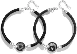 2PCS Sun And Moon Bracelet for Women Glow In The Dark Sun Moon Star Bracelet Handmade Black/Red Braided Rope Bracelet for Men/Women for Their Closest Friends