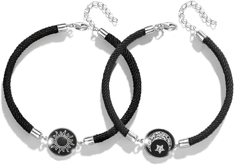 2PCS Sun And Moon Bracelet for Women Glow In The Dark Sun Moon Star Bracelet Handmade Black/Red Braided Rope Bracelet for Men/Women for Their Closest Friends