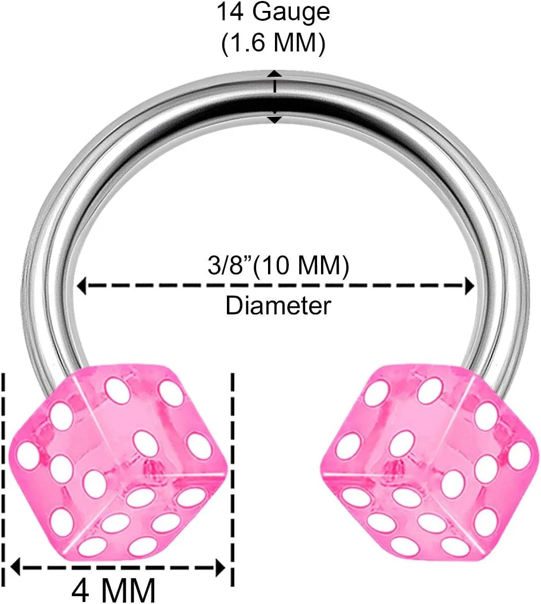 2PCS Surgical Steel Horseshoe Hoop 14 Gauge 3/8 10mm 4mm Dice Acrylic Eyebrow Earrings Labret Piercing Jewelry Choose Colors