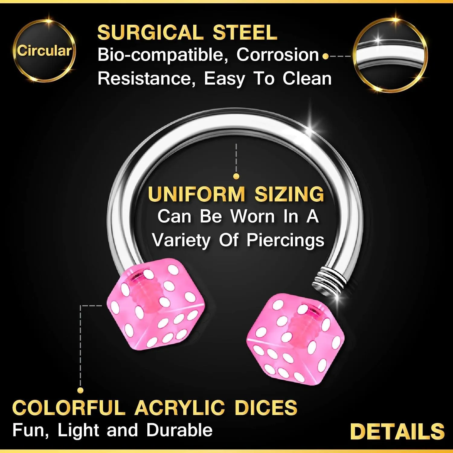 2PCS Surgical Steel Horseshoe Hoop 14 Gauge 3/8 10mm 4mm Dice Acrylic Eyebrow Earrings Labret Piercing Jewelry Choose Colors