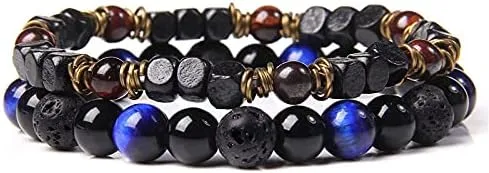 2pcs/set Men Bracelet Wood Beads Cross Pendant 7 Healing Balance Lava Bracelet for Women Prayer Buddha Jewelry Gifts (Metal Color: 8mm tiger eye - Length: 23CM)