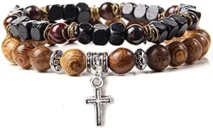 2pcs/set Men Bracelet Wood Beads Cross Pendant 7 Healing Balance Lava Bracelet for Women Prayer Buddha Jewelry Gifts (Metal Color: 8mm wood beads - Length: 19CM)