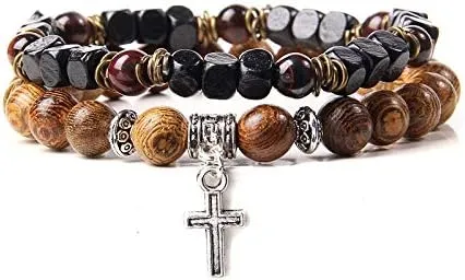 2pcs/set Men Bracelet Wood Beads Cross Pendant 7 Healing Balance Lava Bracelet for Women Prayer Buddha Jewelry Gifts (Metal Color: 8mm wood beads - Length: 19CM)