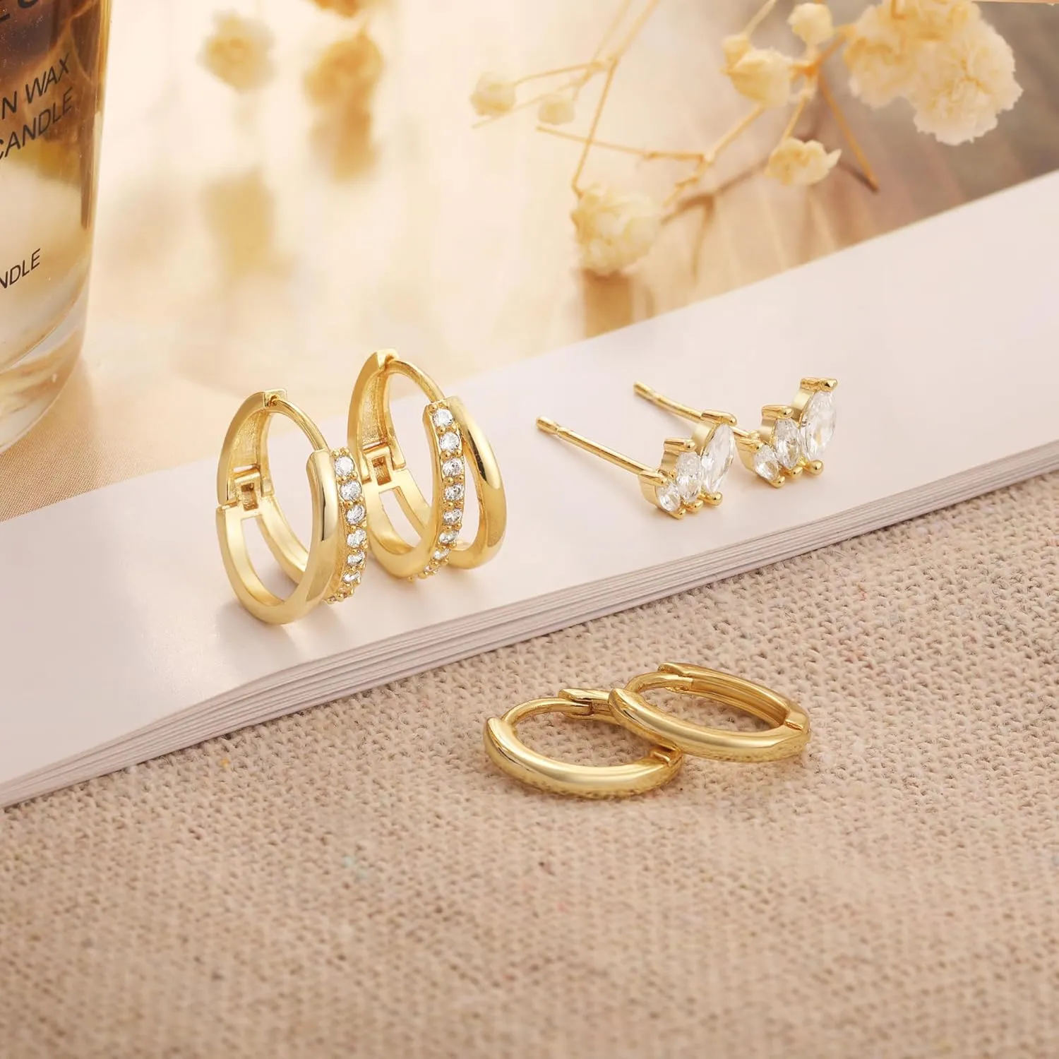 3 Pairs Gold Earrings for Women Dainty Small Hoop Set Cute Cz Stud Huggie Flat Back Trendy Cartilage Earring Jewelry Gift