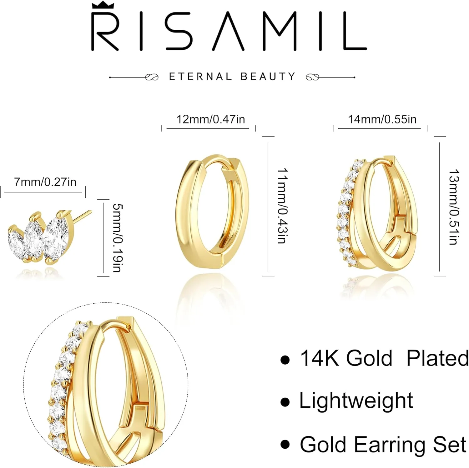 3 Pairs Gold Earrings for Women Dainty Small Hoop Set Cute Cz Stud Huggie Flat Back Trendy Cartilage Earring Jewelry Gift