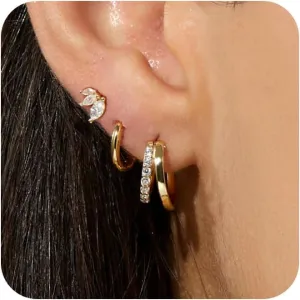 3 Pairs Gold Earrings for Women Dainty Small Hoop Set Cute Cz Stud Huggie Flat Back Trendy Cartilage Earring Jewelry Gift
