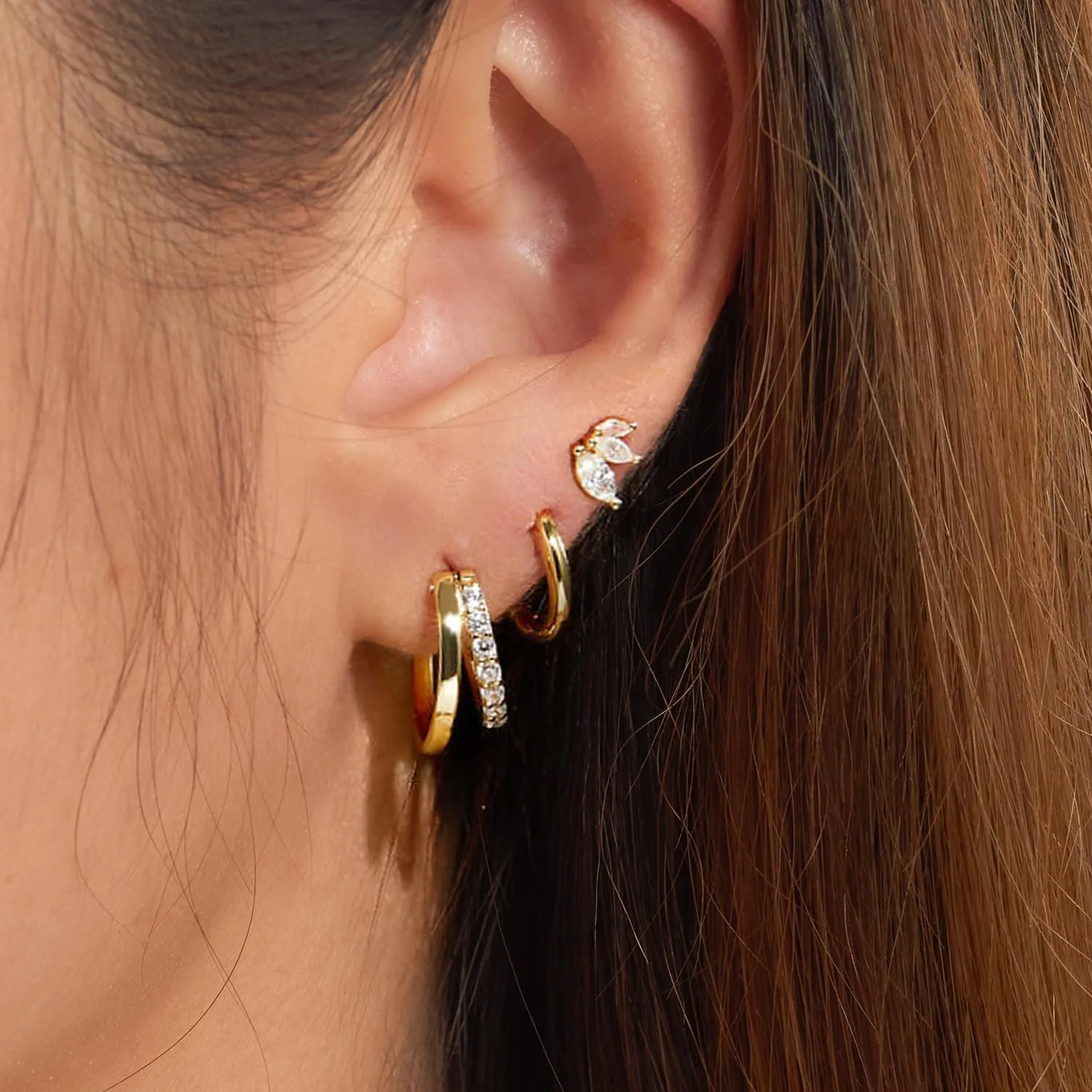 3 Pairs Gold Earrings for Women Dainty Small Hoop Set Cute Cz Stud Huggie Flat Back Trendy Cartilage Earring Jewelry Gift