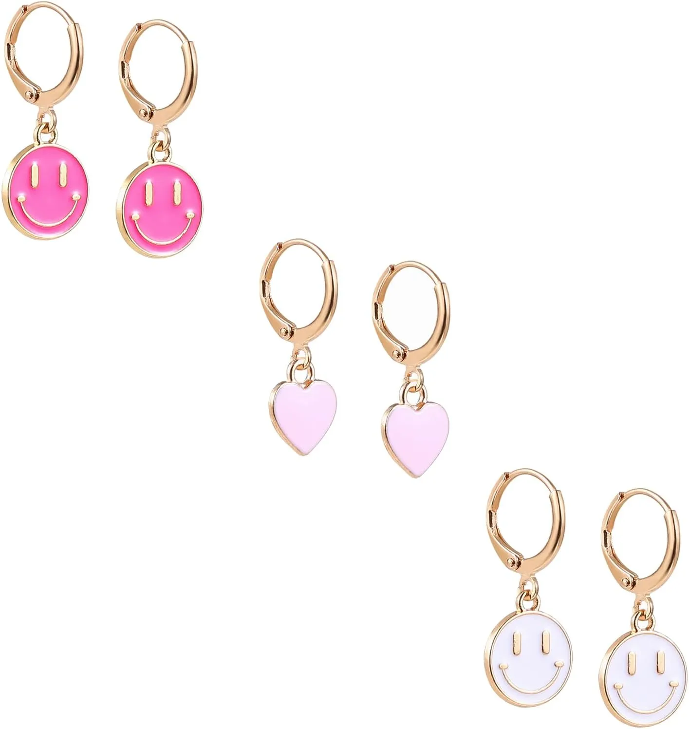 3 Pairs Huggie Dangle Drop Earrings for Women Smiley Face Preppy Charm Pendant Gold Hoop Earrings Trendy Jewelry Gifts