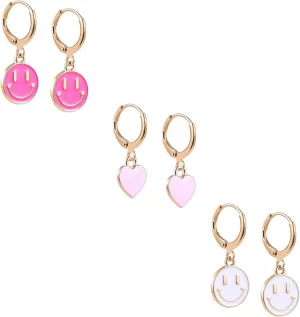 3 Pairs Huggie Dangle Drop Earrings for Women Smiley Face Preppy Charm Pendant Gold Hoop Earrings Trendy Jewelry Gifts