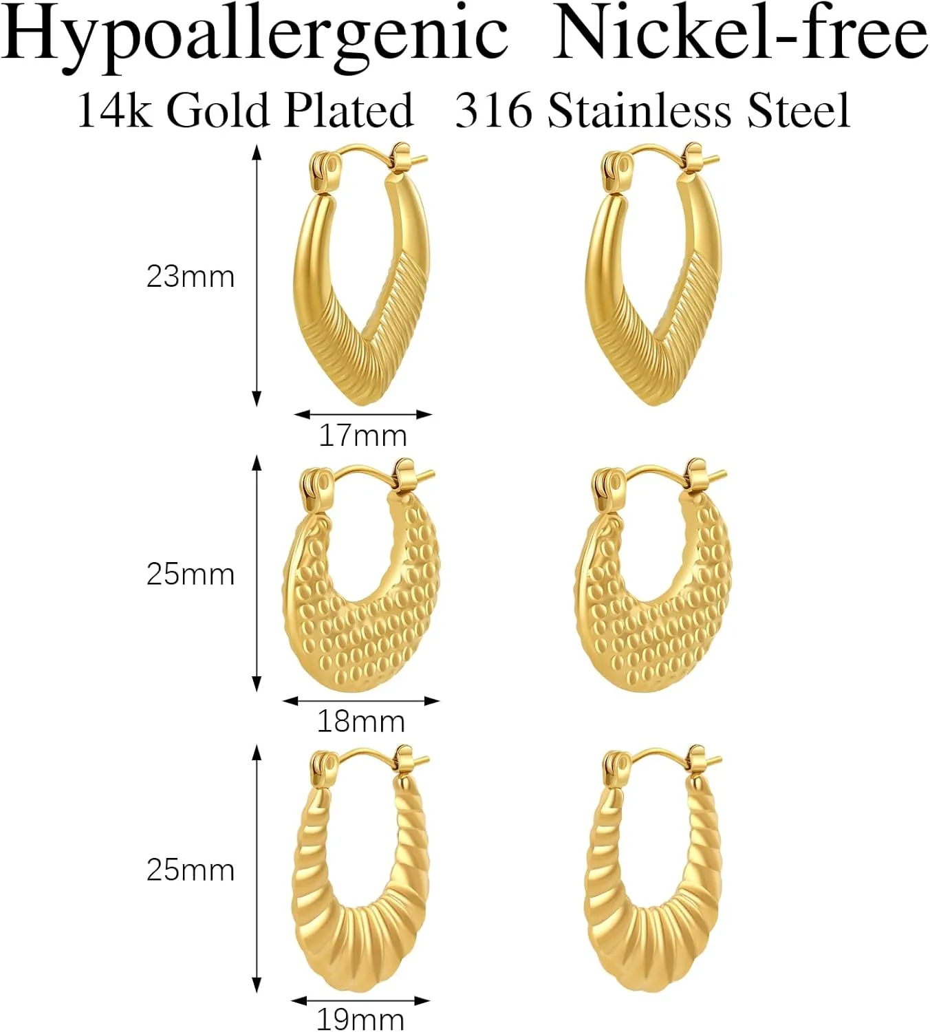 3 Pairs Surgical Steel 14K Gold Plated Hoop Earrings Hypoallergenic Chunky Gold Earrings Thick Lightweight Hoop Huggie Earrings Sets for Women
