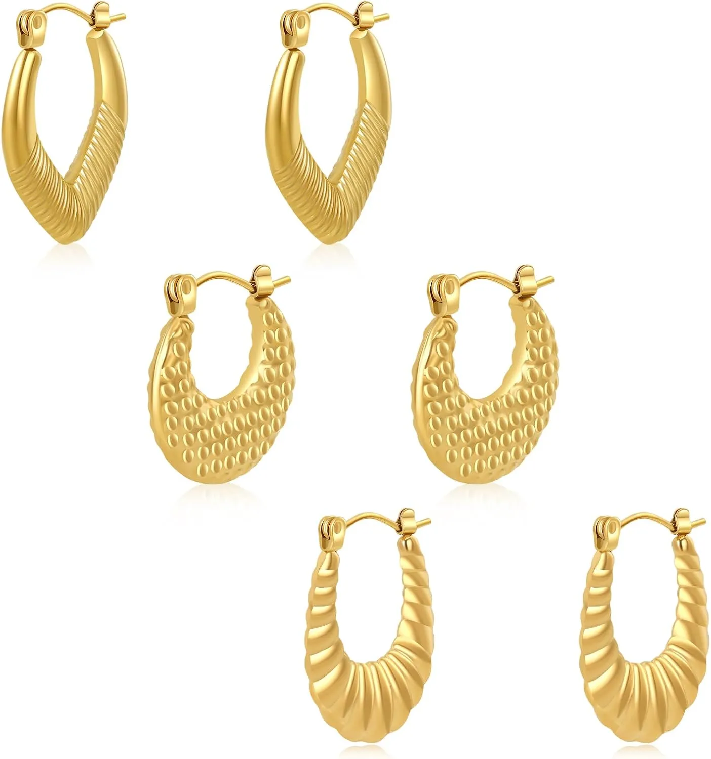 3 Pairs Surgical Steel 14K Gold Plated Hoop Earrings Hypoallergenic Chunky Gold Earrings Thick Lightweight Hoop Huggie Earrings Sets for Women