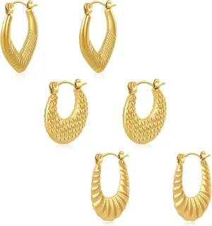 3 Pairs Surgical Steel 14K Gold Plated Hoop Earrings Hypoallergenic Chunky Gold Earrings Thick Lightweight Hoop Huggie Earrings Sets for Women