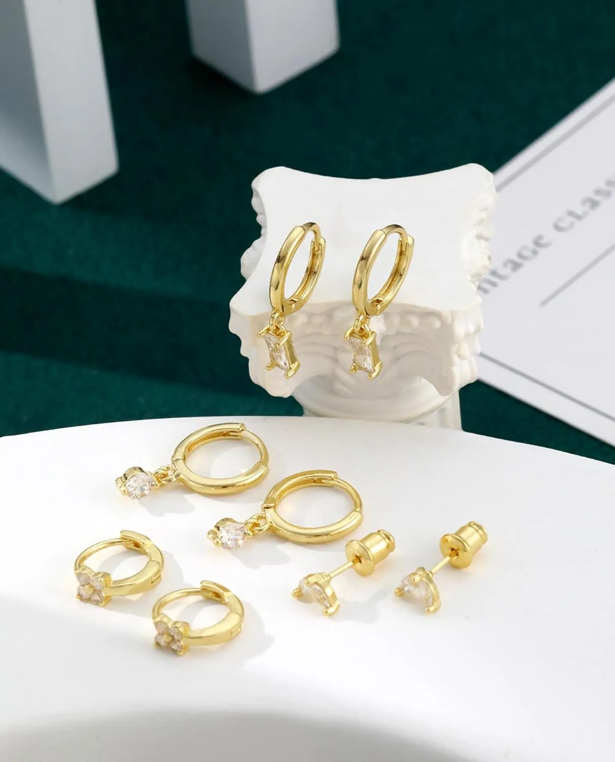 3/4 Pairs Gold Hoop Earrings for Women Dainty 14K Gold Plated Chunky Earrings Small Huggies Hoop Earrings Set Multiple Piercing Tiny Ball CZ Hoop Earrings Jewelry Gift for Girls