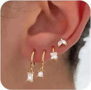 3/4 Pairs Gold Hoop Earrings for Women Dainty 14K Gold Plated Chunky Earrings Small Huggies Hoop Earrings Set Multiple Piercing Tiny Ball CZ Hoop Earrings Jewelry Gift for Girls