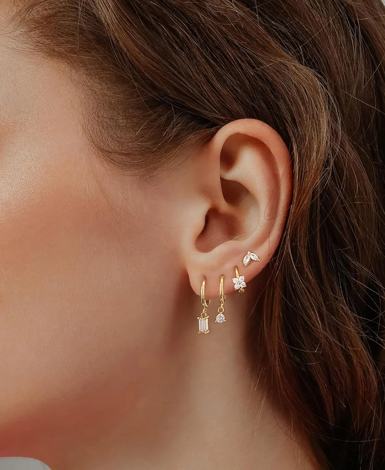 3/4 Pairs Gold Hoop Earrings for Women Dainty 14K Gold Plated Chunky Earrings Small Huggies Hoop Earrings Set Multiple Piercing Tiny Ball CZ Hoop Earrings Jewelry Gift for Girls