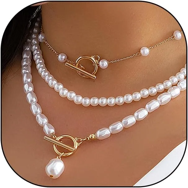 3Pcs Baroque Large Pearl Pendant Necklace Set for Women,Gold Vintage OT Buckle Layered Choker Jewelry Gift for Her,Statement Wedding Necklace
