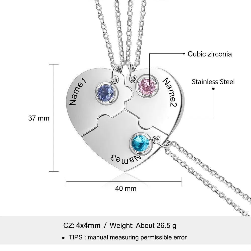 3pcs/Set Personalized Heart Birthstone Best Friend Necklace