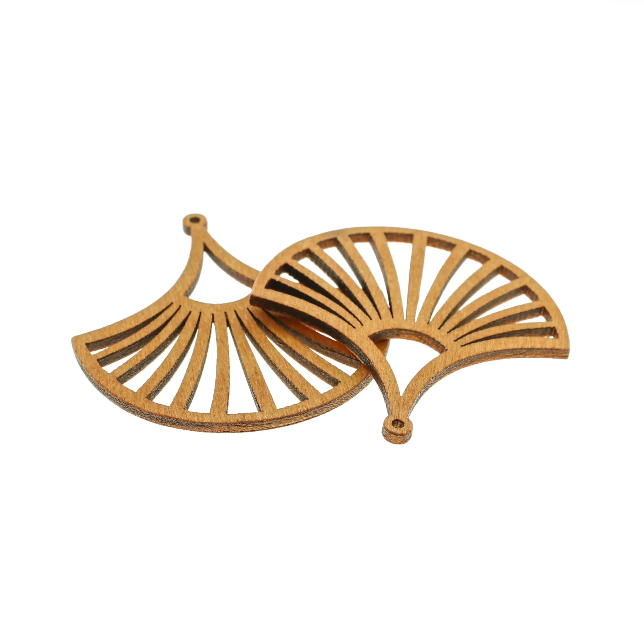 4 Geometric Fan Natural Wood Charms 2 Sided - WP344
