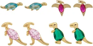 4Pairs Cute Dinosaur Stud Earrings colorful Cubic Zirconia Tiny Animal Earrings Necklace Set for Women-4 Pairs Zirconia B