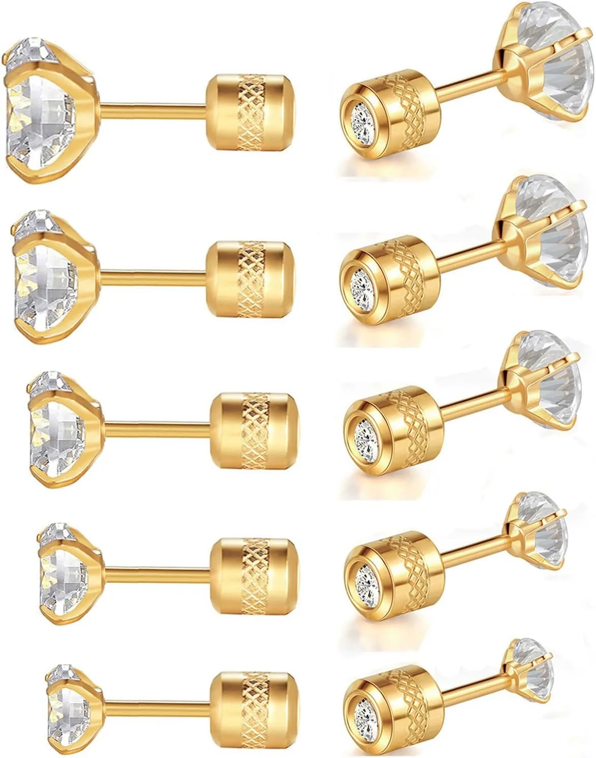 5 Pairs 316L Stainless Steel Screw Flat Back Earrings 2-6mm Cubic Zirconia Stud Earrings Titanium Earrings for Women Men