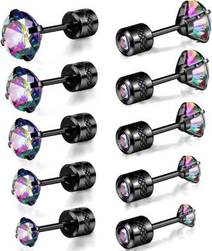 5 Pairs 316L Stainless Steel Screw Flat Back Earrings 2-6mm Cubic Zirconia Stud Earrings Titanium Earrings for Women Men