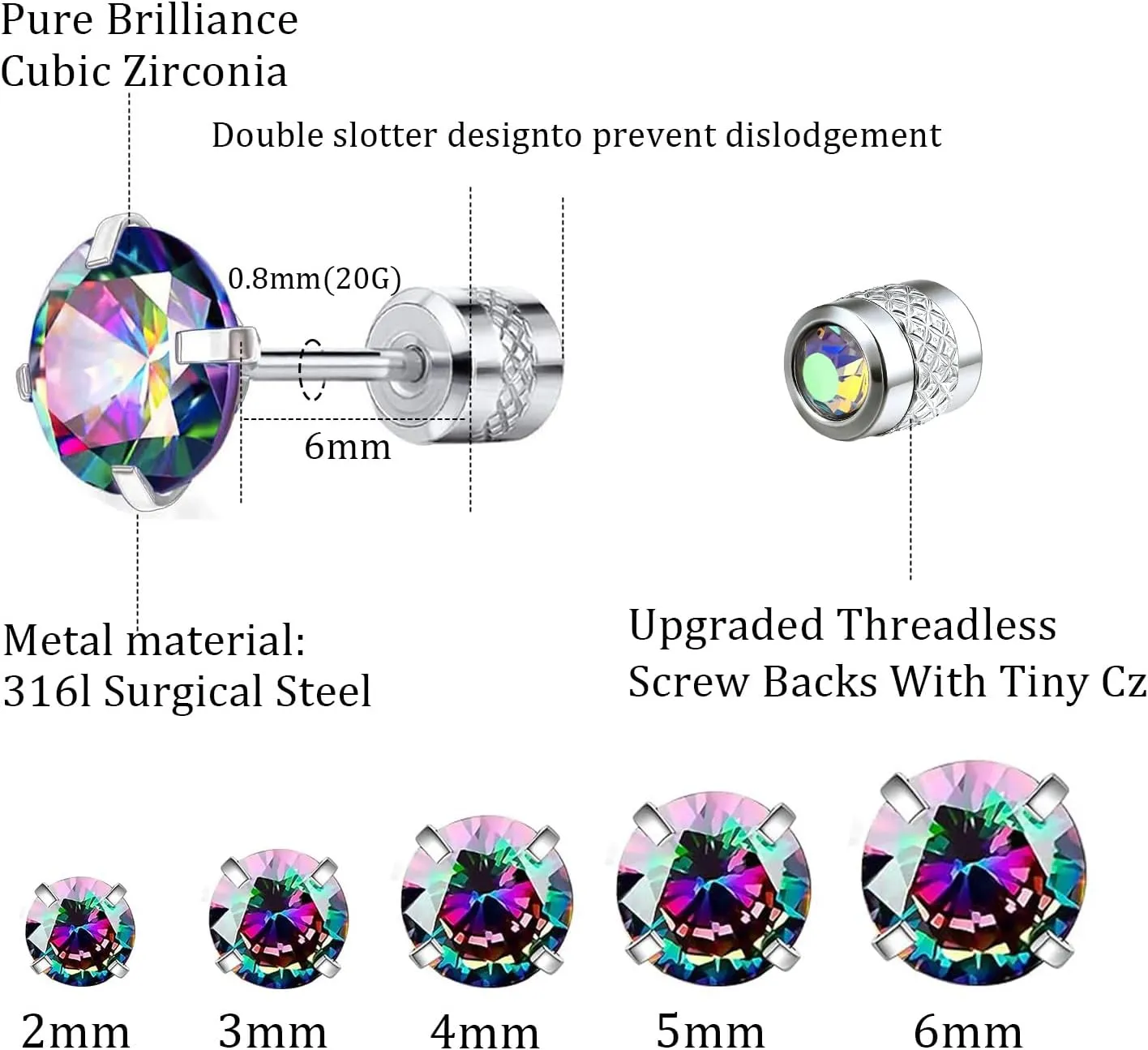 5 Pairs 316L Stainless Steel Screw Flat Back Earrings 2-6mm Cubic Zirconia Stud Earrings Titanium Earrings for Women Men