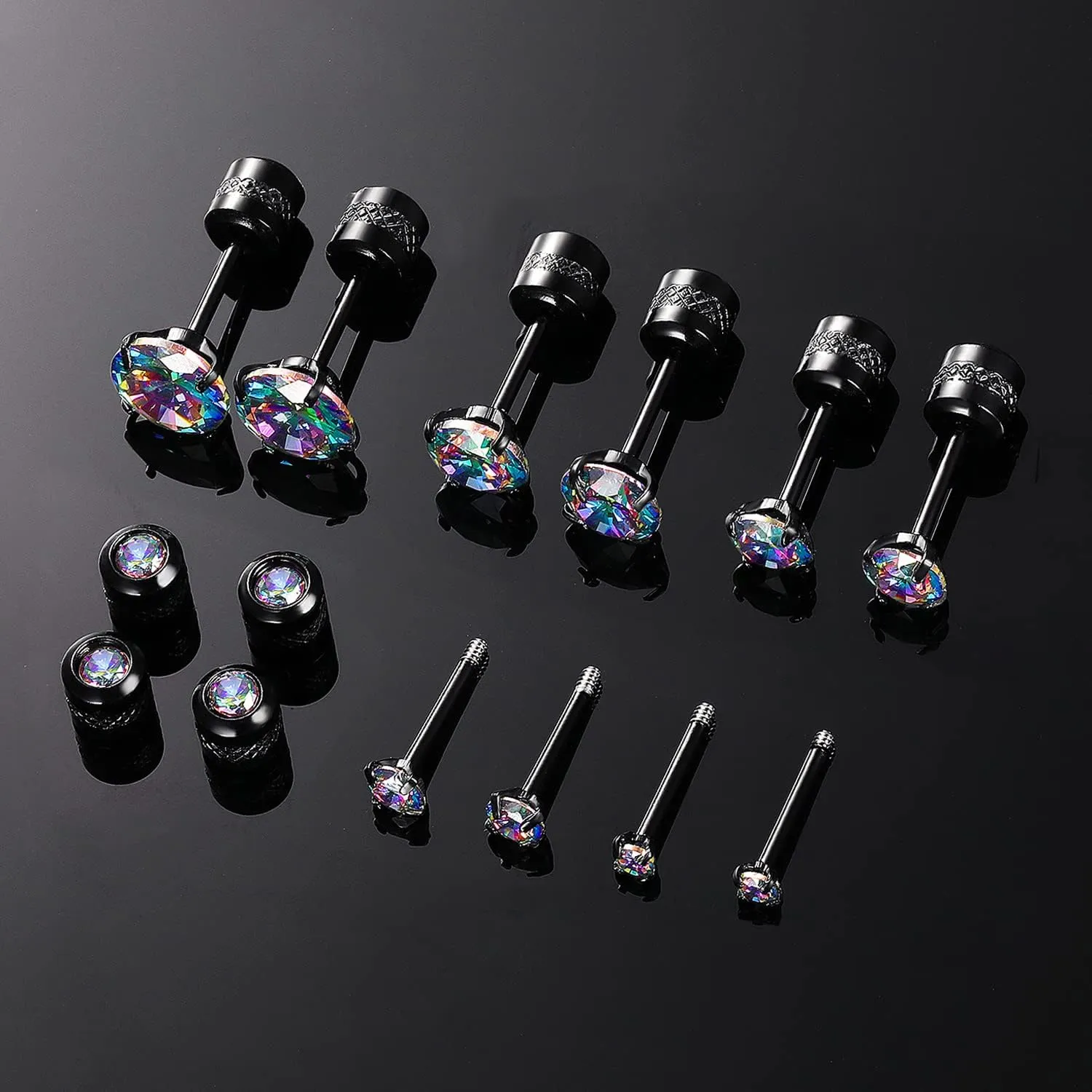 5 Pairs 316L Stainless Steel Screw Flat Back Earrings 2-6mm Cubic Zirconia Stud Earrings Titanium Earrings for Women Men